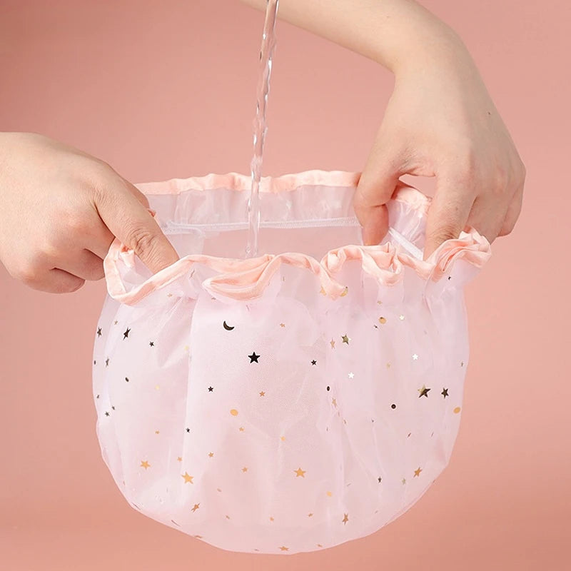 Double Layer Starry Sky Design Thick Waterproof Shower Cap