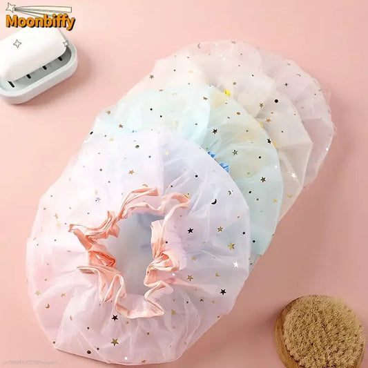 Double Layer Starry Sky Design Thick Waterproof Shower Cap