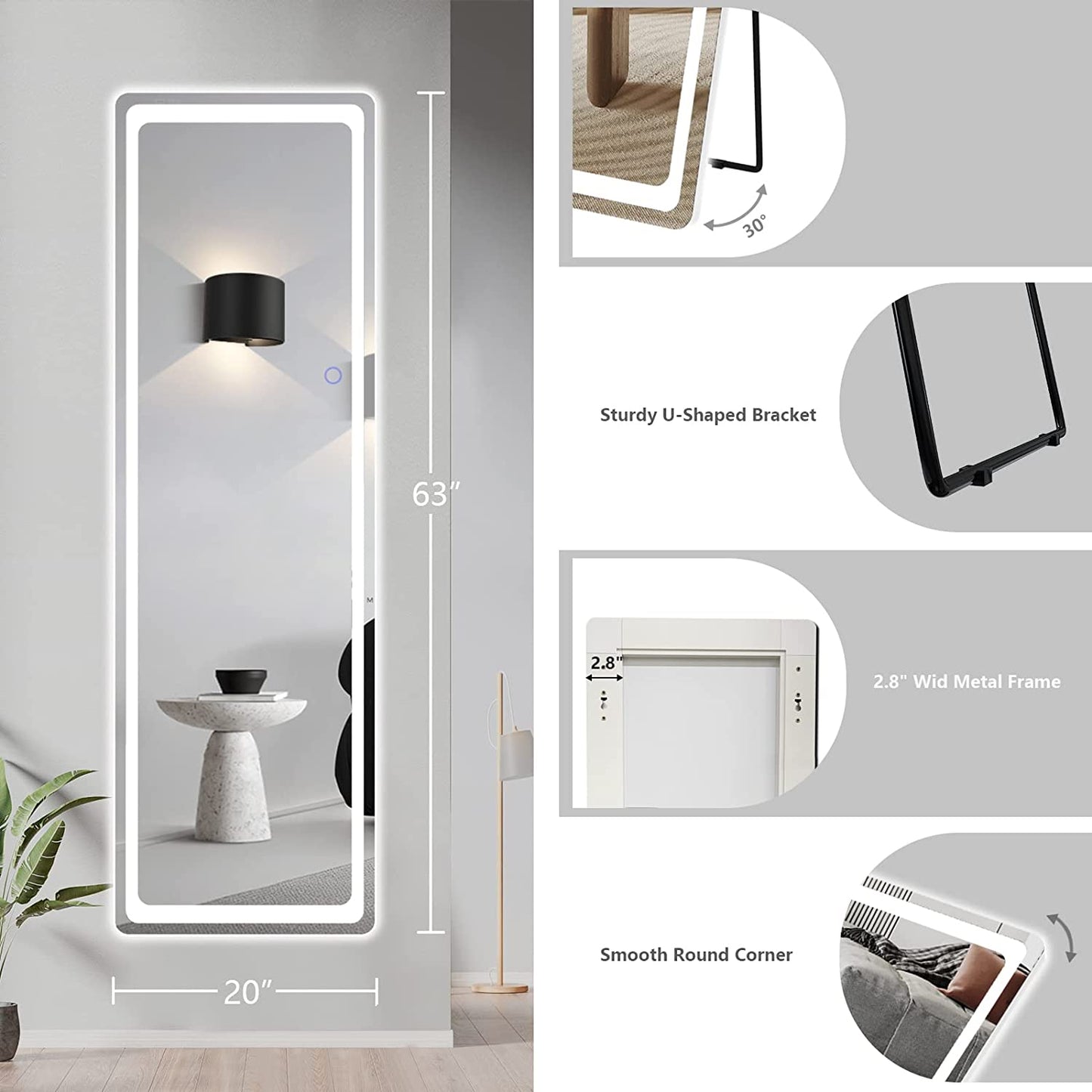 63"X20" Full Length Mirror with Lights, LED Floor Mirror, Free Standing or Leaning against Wall Mirror, Large Mirror for Bedroom, Full Body Mirror with Dimming & 3 Color Modes (White)