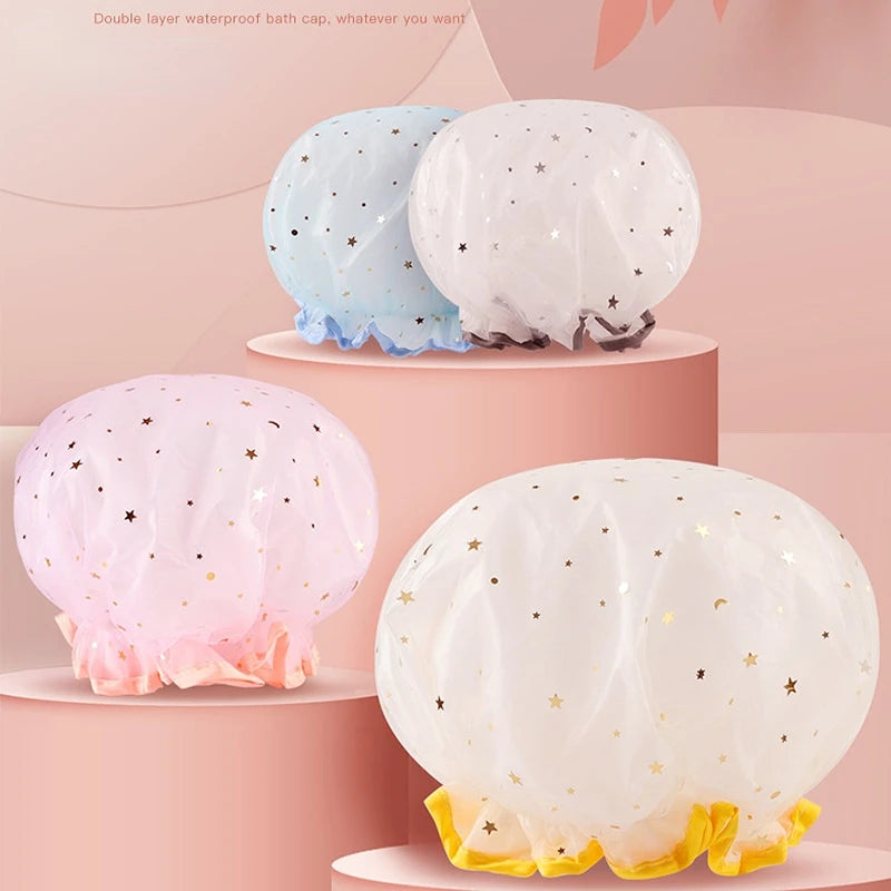 Double Layer Starry Sky Design Thick Waterproof Shower Cap