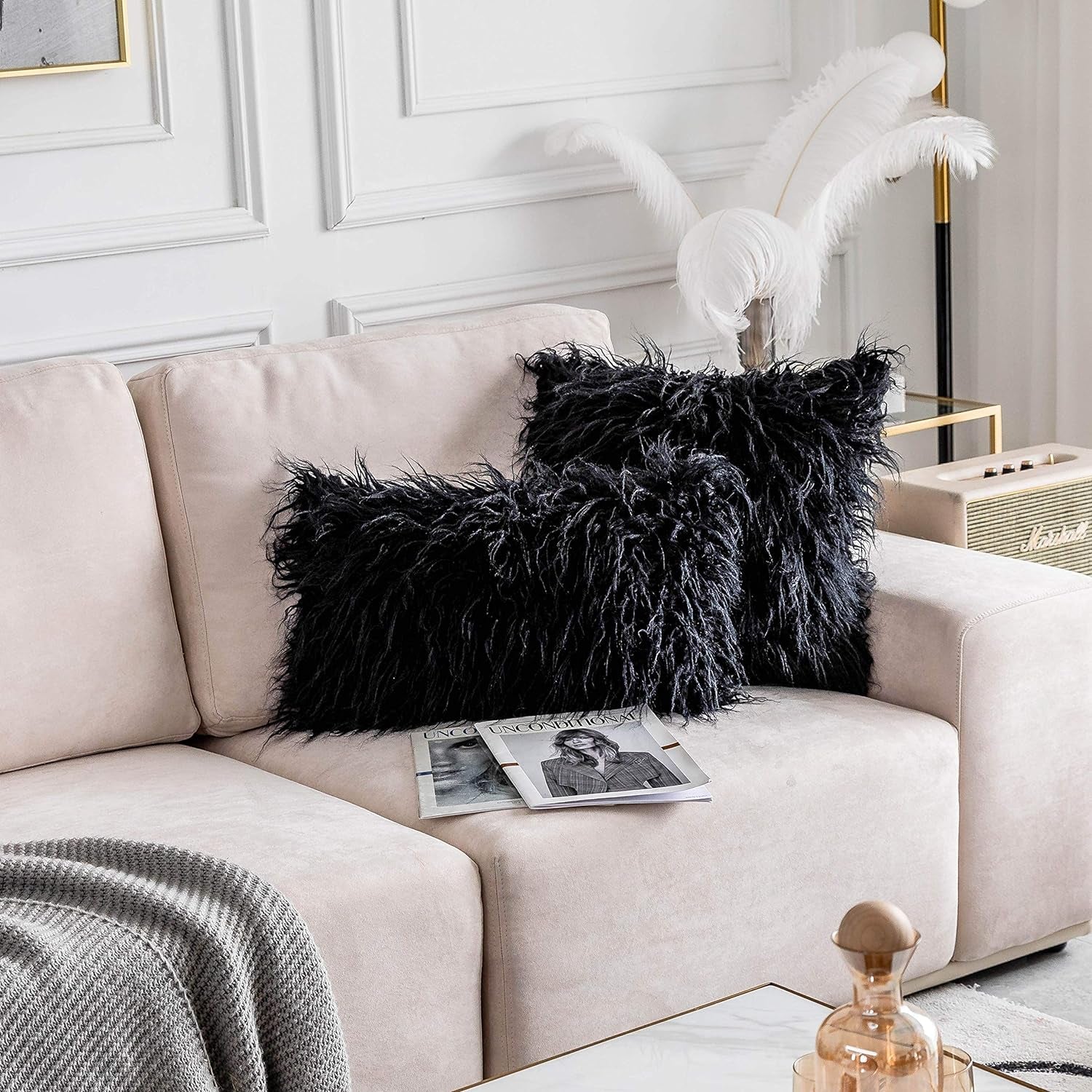 Black Fluffy Pillow Covers 12X20 Pillow Cover Lumbar Decorative Throw Pillows for Couch Bench Bed Sofa, 12 X 20 Inches, 30X50Cm