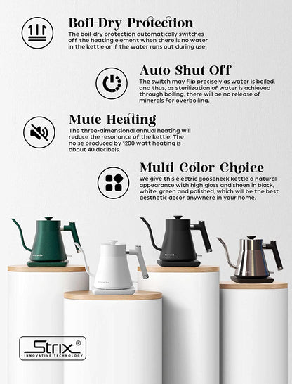 Gooseneck Electric Kettle, Pour over Coffee and Tea Kettle, 100% Stainless Steel Inner with Leak Proof Design, 1200W Rapid Heating, Strix Boil-Dry Protection, 0.8L, Matte White