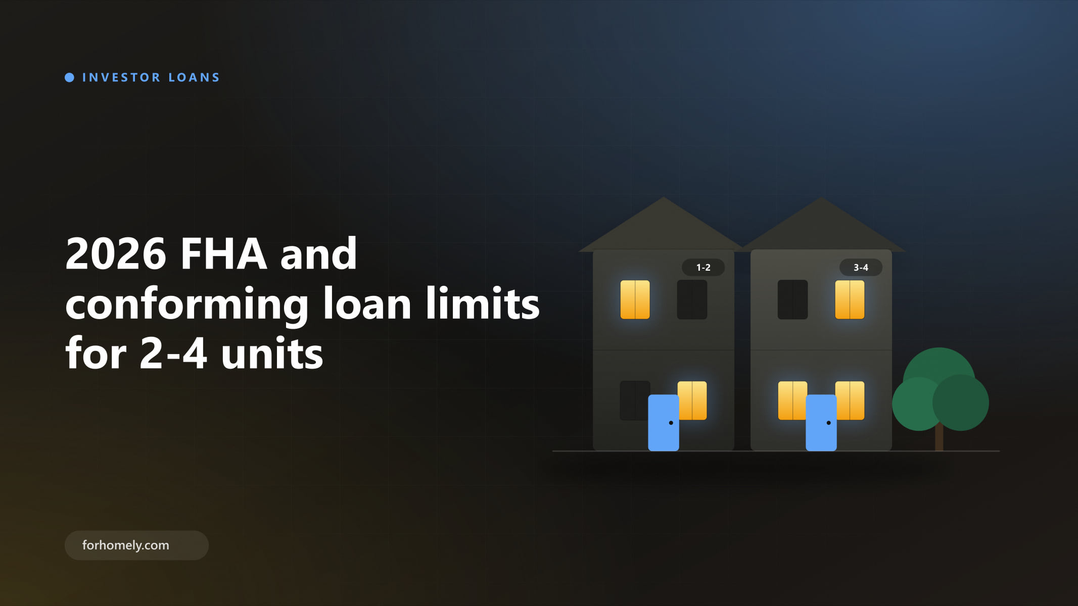 Illustration of a four-unit building with lit windows beside the title 2026 loan limits
