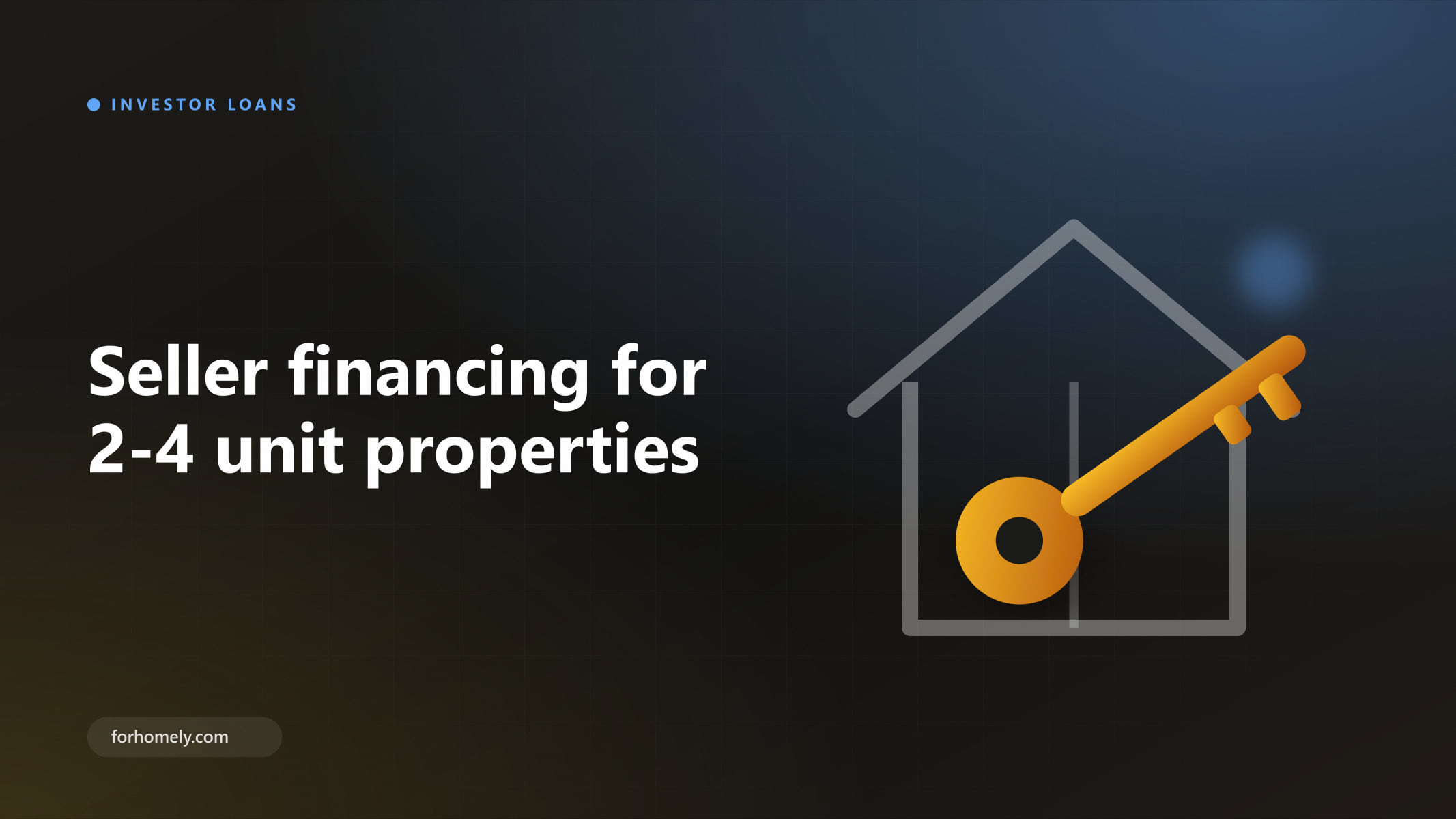 Illustration of a golden key over a two-unit house outline, representing seller financing